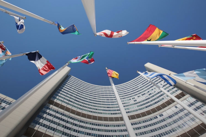 A shot of flags at the Vienna International Center in Vienna, Austria.