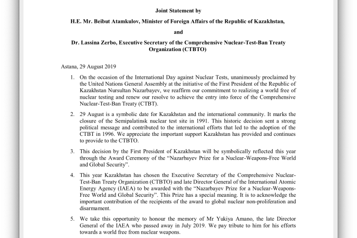 Joint Statement: Executive Secretary Zerbo and Kazakh Foreign Minister Beibut Atamkulov on International Day against Nuclear Tests